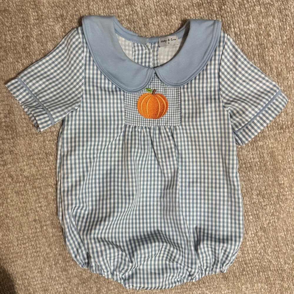 Abby & Evie Blue Gingham Baby Bubble with Pumpkin Embroidery